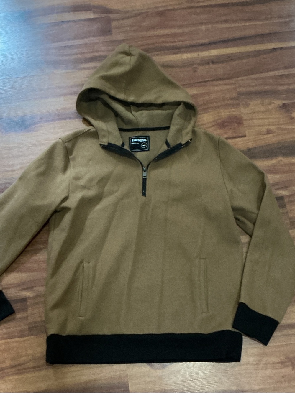 Express Men’s Zip-Up Hoodie in Camel with Black Trim medium